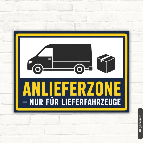 Anlieferzone nur für Lieferfahrzeuge Schild mit Transporter- und Paketmotiv in Blau, Gelb, Weiß und Schwarz.