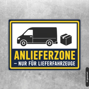 Anlieferzone nur für Lieferfahrzeuge Aufkleber mit Lkw-Symbol, Paket und gelb-blauer Kennzeichnung auf weißem Hintergrund.