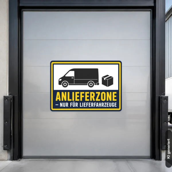 KI-generiertes Anwendungsbeispiel: Anlieferzone nur für Lieferfahrzeuge Aufkleber auf einer glatten Hallentür mit Lkw- und Paketsymbol.
