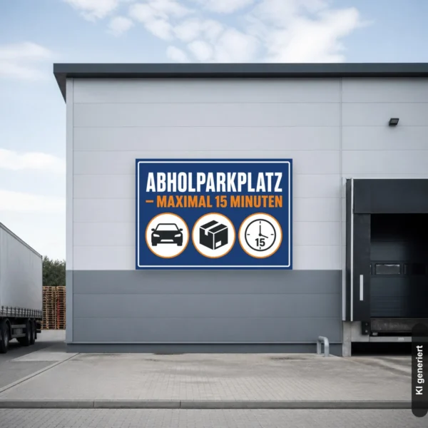 KI-generiertes Anwendungsbeispiel: Abholparkplatz-Schild mit „maximal 15 Minuten“ als blaues Parkplatzschild für Kurzzeitparken und Abholzonen.