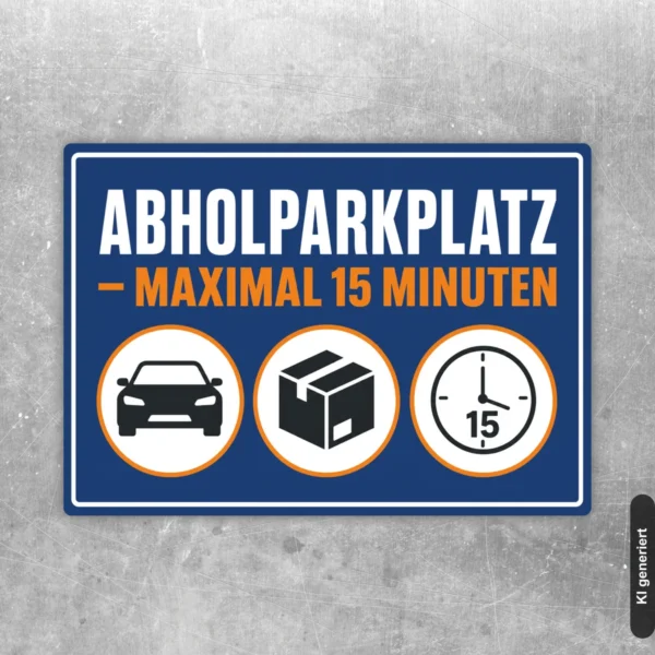 Abholparkplatz maximal 15 Minuten Aufkleber in Blau mit Auto-, Paket- und Uhrsymbolen für Kurzzeitparken.