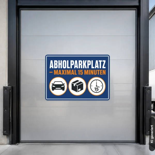 KI-generiertes Anwendungsbeispiel: Abholparkplatz maximal 15 Minuten Aufkleber auf glatter Wand am Kundenparkplatz mit klarer Signalwirkung.