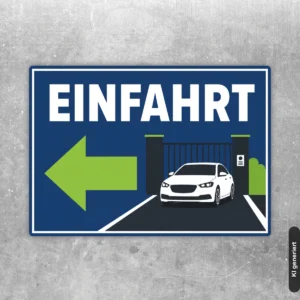 Einfahrt Aufkleber mit Pfeil links in Blau, Weiß und Grün für eine klar markierte Zufahrt am Parkplatz.