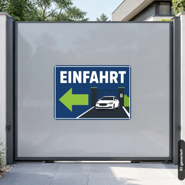 KI-generiertes Anwendungsbeispiel: Einfahrt Aufkleber mit Pfeil links an einer Zufahrt mit blauem Hintergrund und grünem Richtungspfeil.