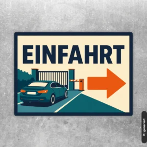 Querformatiger Einfahrt Aufkleber mit großem Pfeil nach rechts und Illustration einer Zufahrt für Parkplatzbereiche.