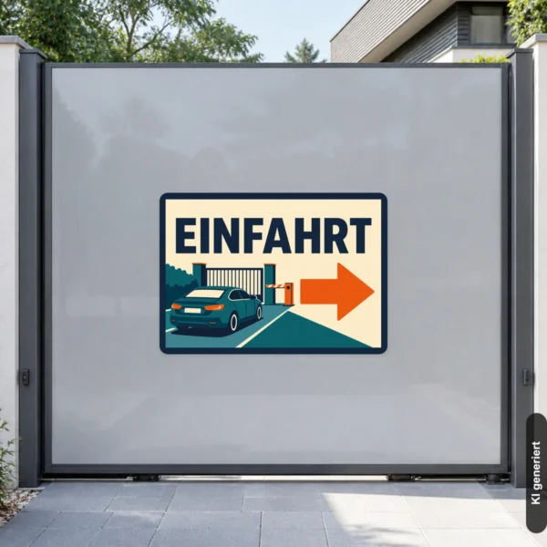 KI-generiertes Anwendungsbeispiel: Querformatiger Einfahrt Aufkleber mit Pfeil rechts für eine klar markierte Zufahrt am Parkplatz.