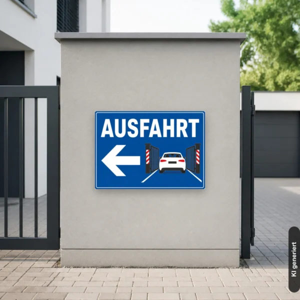 KI-generiertes Anwendungsbeispiel: Ausfahrt Schild mit Pfeil links, blaues Hinweisschild an einer Torzufahrt für klare Wegeführung.
