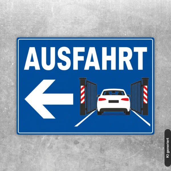Ausfahrt Aufkleber mit Pfeil links in Blau-Weiß für Parkplatz und Zufahrt mit klarer Verkehrsführung.