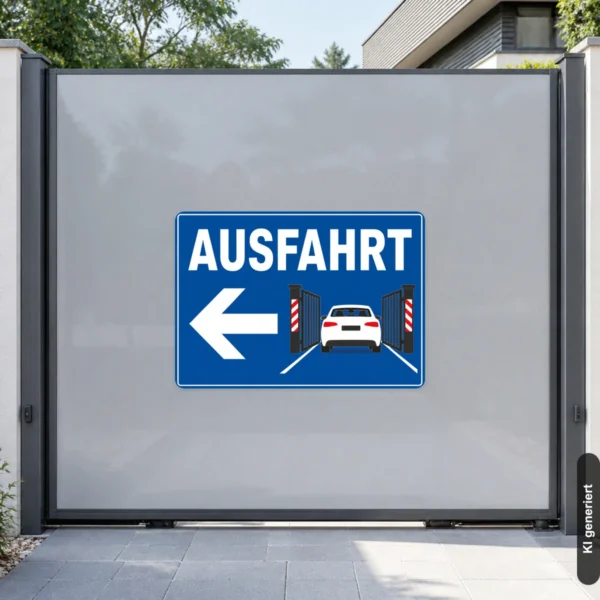 KI-generiertes Anwendungsbeispiel: Ausfahrt Aufkleber mit Pfeil links an einer Parkplatz- oder Hofzufahrt für klare Wegführung.