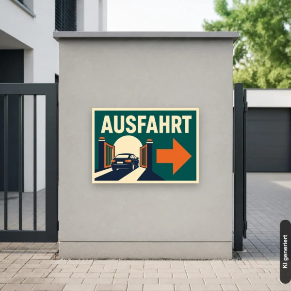 KI-generiertes Anwendungsbeispiel: Ausfahrt Schild mit Pfeil rechts und gut sichtbarer Wegweisung an einer Zufahrt.
