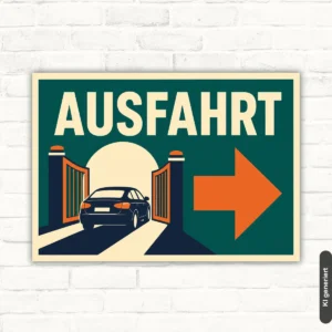 Ausfahrt Schild mit großem Pfeil nach rechts und dem Wort AUSFAHRT als bedrucktes Hinweisschild.