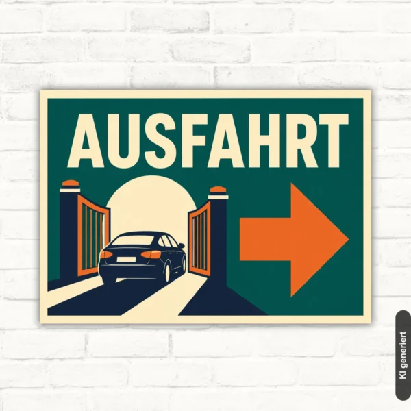 Ausfahrt Schild mit großem Pfeil nach rechts und dem Wort AUSFAHRT als bedrucktes Hinweisschild.