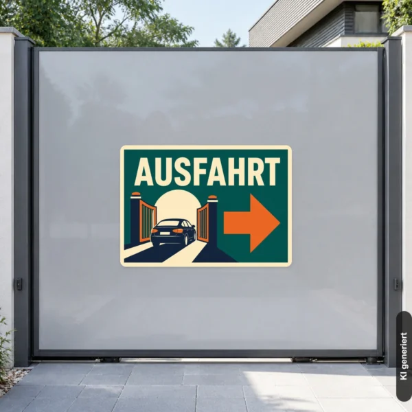 KI-generiertes Anwendungsbeispiel: Ausfahrt Aufkleber mit Pfeil rechts an einer Zufahrt für klare Parkplatzorientierung.