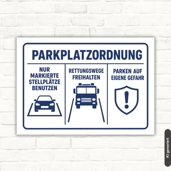 Parkplatzordnung Schild mit markierten Stellplätzen, Rettungswegen und Hinweis auf eigene Gefahr als blaues Hinweisschild.
