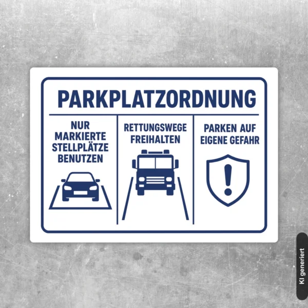 Blau-weißer Parkplatzordnung Aufkleber mit markierten Stellplätzen, Rettungswegen und Warnsymbol im Querformat.
