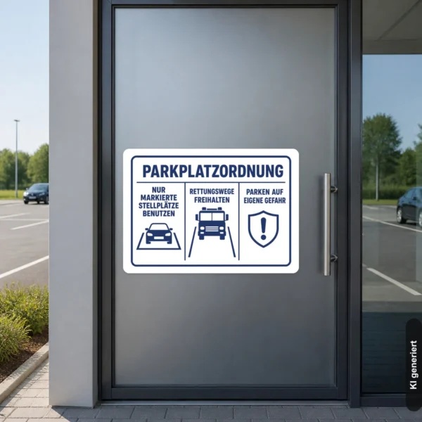 KI-generiertes Anwendungsbeispiel: Blau-weißer Parkplatzordnung Aufkleber mit markierten Stellplätzen und Rettungswegen auf glatter Fläche.