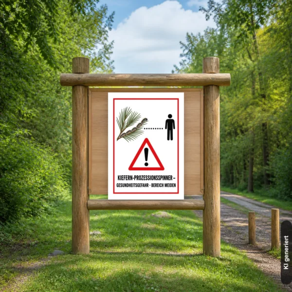 KI-generiertes Anwendungsbeispiel: Kiefern-Prozessionsspinner Warnschild im Hochformat mit Warnsymbol, Kieferzweig und Hinweis „Gesundheitsgefahr – Bereich meiden“.