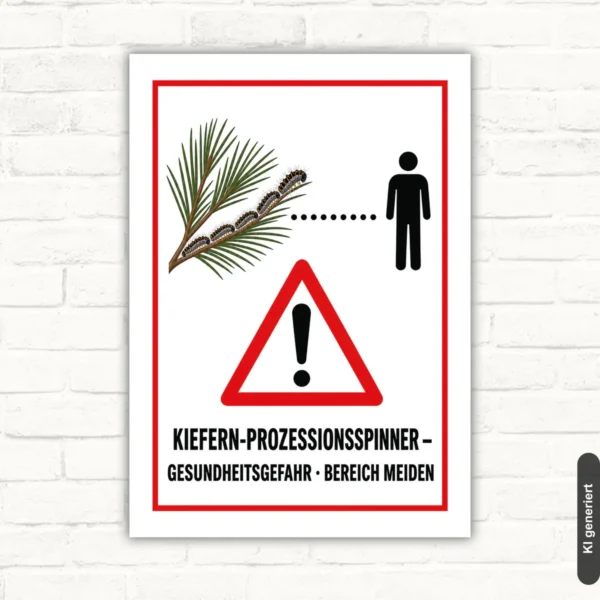 Kiefern-Prozessionsspinner Warnschild mit Kiefer, Raupen und Text „Gesundheitsgefahr – Bereich meiden“ im Hochformat.