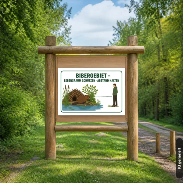 KI-generiertes Anwendungsbeispiel: Bibergebiet Schild im Querformat mit Biber, Uferpflanzen und Hinweis „Lebensraum schützen · Abstand halten“.