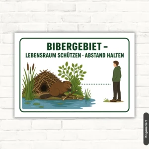 Bibergebiet Schild mit Biber, Gewässer und dem Hinweis „Lebensraum schützen · Abstand halten“ als Querformat.