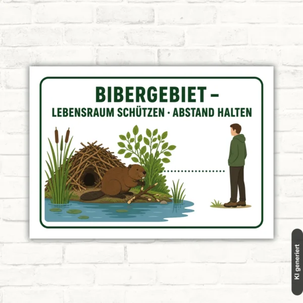 Bibergebiet Schild mit Biber, Gewässer und dem Hinweis „Lebensraum schützen · Abstand halten“ als Querformat.