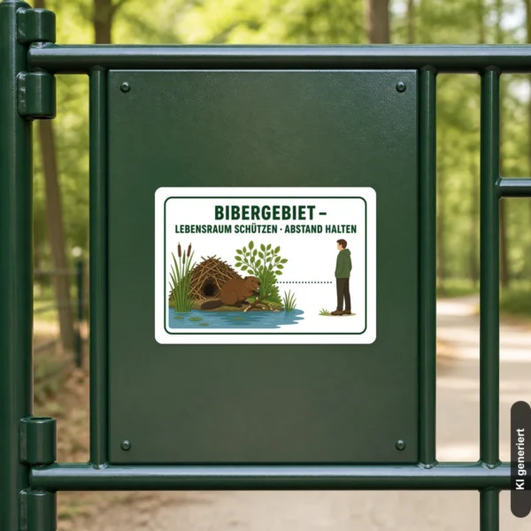 KI-generiertes Anwendungsbeispiel: Bibergebiet Aufkleber im Querformat mit Biberbau, Uferpflanzen und Abstand-Halten-Hinweis.