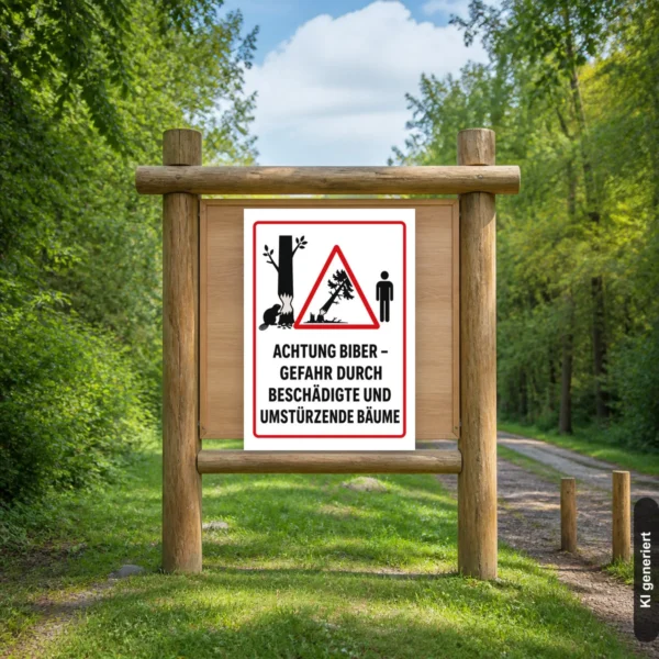 KI-generiertes Anwendungsbeispiel: Achtung Biber Warnschild an einem Waldweg, das vor beschädigten und umstürzenden Bäumen warnt.