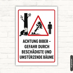 Achtung Biber Warnschild mit rotem Warndreieck, Biber und beschädigtem Baum als Schild gegen umstürzende Bäume.