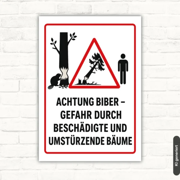 Achtung Biber Warnschild mit rotem Warndreieck, Biber und beschädigtem Baum als Schild gegen umstürzende Bäume.