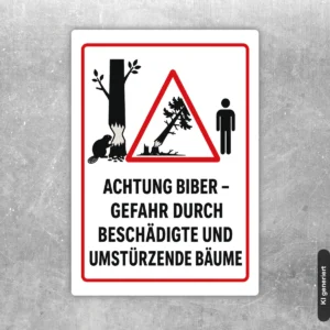 Achtung Biber Warnaufkleber – Gefahr durch beschädigte Bäume mit rotem Warnsymbol, beschädigtem Baum und Hinweis auf umstürzende Bäume