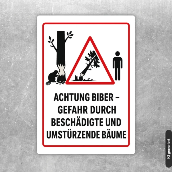 Achtung Biber Warnaufkleber – Gefahr durch beschädigte Bäume mit rotem Warnsymbol, beschädigtem Baum und Hinweis auf umstürzende Bäume