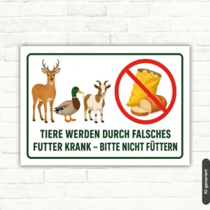 Naturschutzschild mit Tieren und durchgestrichenem Futter, Text: Tiere werden durch falsches Futter krank – bitte nicht füttern.