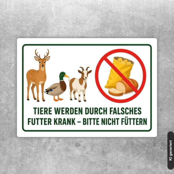 Naturschutzaufkleber mit Reh, Ente und Ziege sowie Verbotssymbol für Brot und dem Hinweis, Tiere nicht zu füttern.