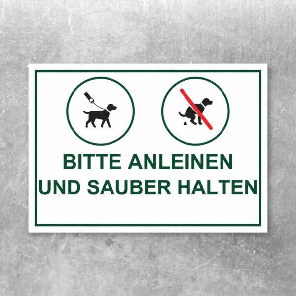 Bitte anleinen und sauber halten Aufkleber auf einer Metalltür mit Leinen- und Sauberkeitssymbol im Querformat.