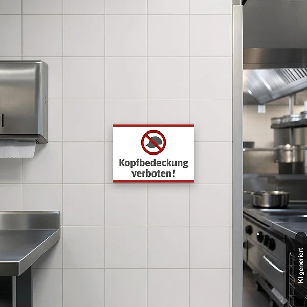 KI-generiertes Anwendungsbeispiel für Schild Kopfbedeckung verboten: Schild klein und realistisch am passenden Einsatzort dargestellt.