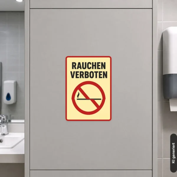 KI-generiertes Anwendungsbeispiel: Rauchen verboten Aufkleber im Hochformat mit Rauchersymbol, rotem Verbotskreis und schwarzem Text.