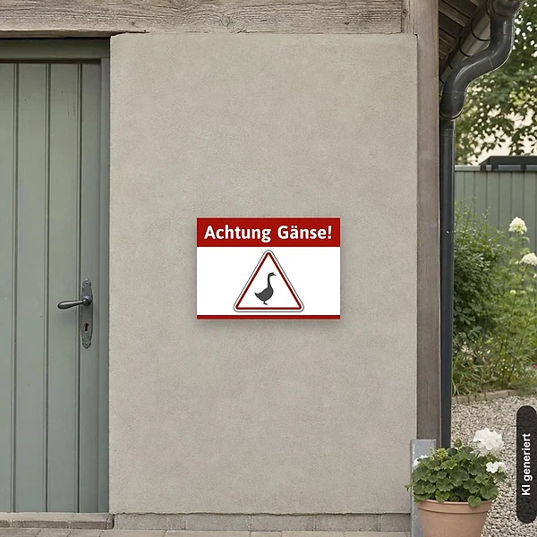 KI-generiertes Anwendungsbeispiel für Schild Achtung Gänse Hinweis: Schild klein und realistisch am passenden Einsatzort dargestellt.