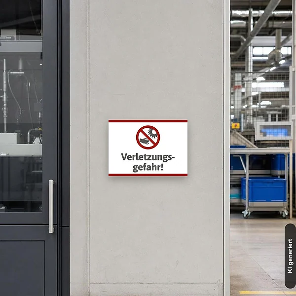 KI-generiertes Anwendungsbeispiel für Schild Verletzungsgefahr: Schild klein und realistisch am passenden Einsatzort dargestellt.