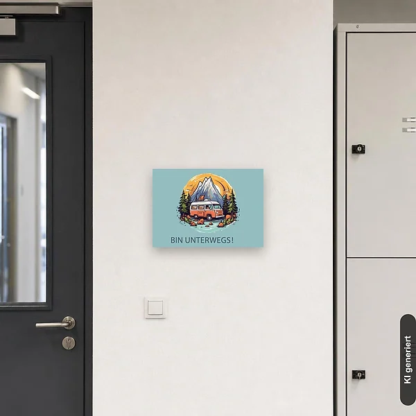KI-generiertes Anwendungsbeispiel für Schild Bin unterwegs Reisen Geschenkidee: Schild klein und realistisch am passenden Einsatzort dargestellt.