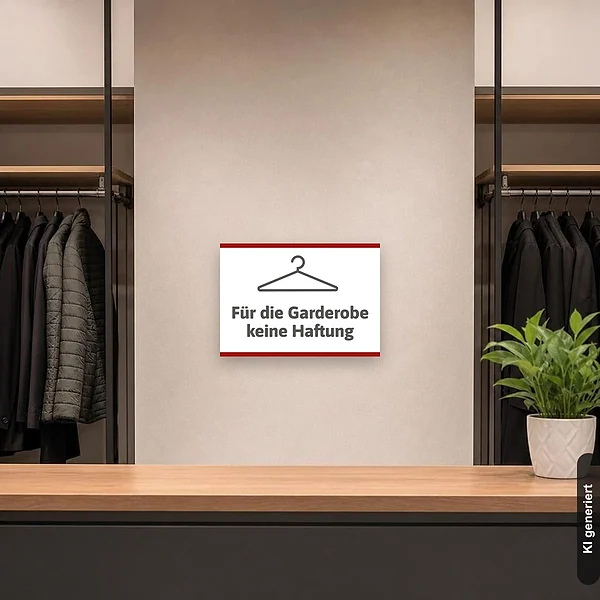 KI-generiertes Anwendungsbeispiel für Schild Für die Gardeobe keine Haftung: Schild klein und realistisch am passenden Einsatzort dargestellt.