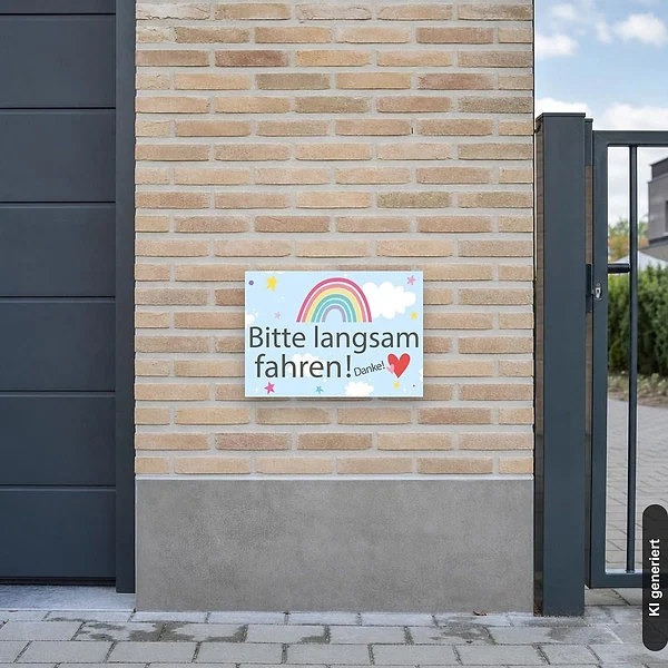 KI-generiertes Anwendungsbeispiel für Schild Bitte langsam fahren. Danke! Lieb nett Herz: Schild klein und realistisch am passenden Einsatzort dargestellt.