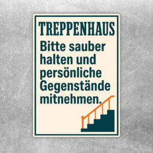 Treppenhaus sauber halten Aufkleber mit Retro-Flurmotiv und Hinweis, persönliche Gegenstände mitzunehmen.