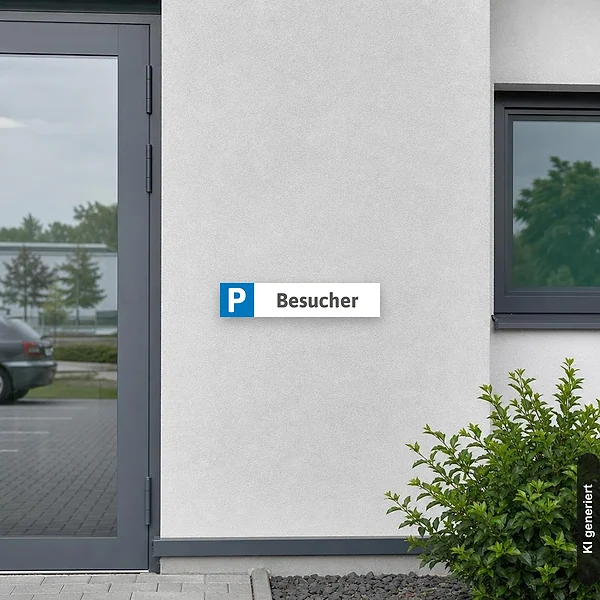 KI-generiertes Anwendungsbeispiel für Schild Parkplatzschild Kennzeichenschild Besucher: Schild klein und realistisch am passenden Einsatzort dargestellt.