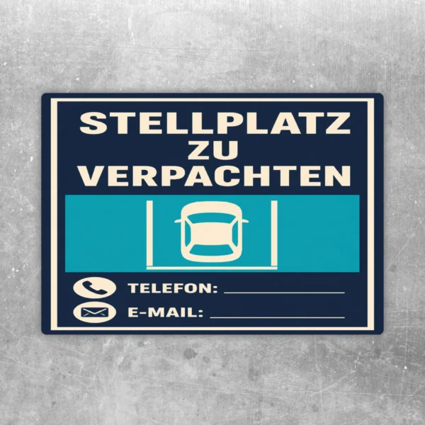 Stellplatz zu verpachten Aufkleber mit Parkplatzsymbol in Dunkelblau, Türkis und Creme für klare Parkplatzkennzeichnung.