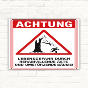 Warnschild mit rotem Dreieck und Baumgrafik, Text „Lebensgefahr durch herabfallende Äste und umstürzende Bäume“.