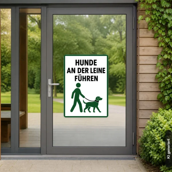 KI-generiertes Anwendungsbeispiel: Aufkleber mit grünem Hundesymbol und Text „Hunde an der Leine führen“ für den Eingangsbereich.