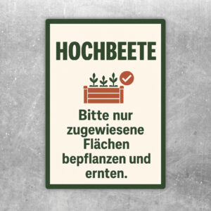Hochbeete Aufkleber mit Gartenmotiv und Hinweis, nur zugewiesene Flächen zu bepflanzen und zu ernten.