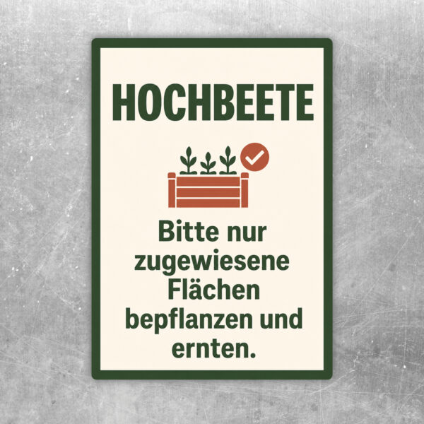 Hochbeete Aufkleber mit Gartenmotiv und Hinweis, nur zugewiesene Flächen zu bepflanzen und zu ernten.