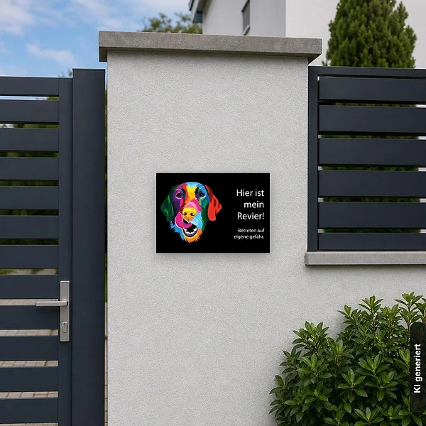 KI-generiertes Anwendungsbeispiel für Schild Warnung Setter - Betreten auf eigene Gefahr: Schild klein und realistisch am passenden Einsatzort dargestellt.