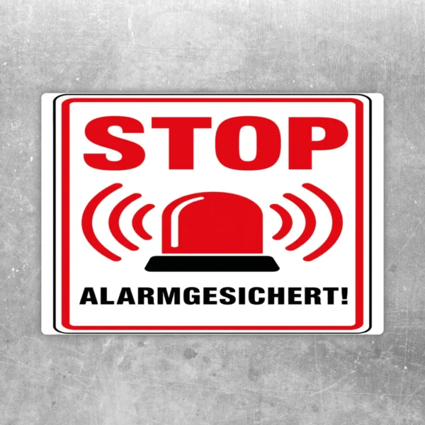 STOP Alarmgesichert Aufkleber in Rot, Weiß und Schwarz für Türen und Fenster mit klarer Warnbotschaft.